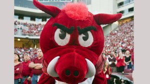 The Arkansas Razorback mascot Big Red poses for a photo during an NCAA college football game against Auburn on Saturday, Oct. 8, 2011, in Fayetteville, Ark. (AP Photo/Beth Hall)