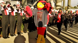 Louie, the Cardinal Bird mascot, leads the University of Louisville football team into the stadium before the start of their NCAA college football game against second-ranked Florida State in Louisville, Ky., Thursday, Oct. 30, 2014. (AP Photo/Garry Jones)