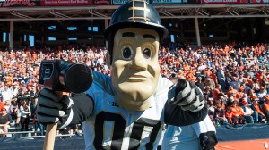 Purdue Pete, the Purdue mascot, poses on the sideline during an NCAA college football game against Illinois Saturday, Oct. 8, 2016 at Memorial Stadium in Champaign, Ill. (AP Photo/Bradley Leeb)