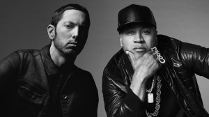 Black and white photo of Eminem (left) and LL COOL J (right)