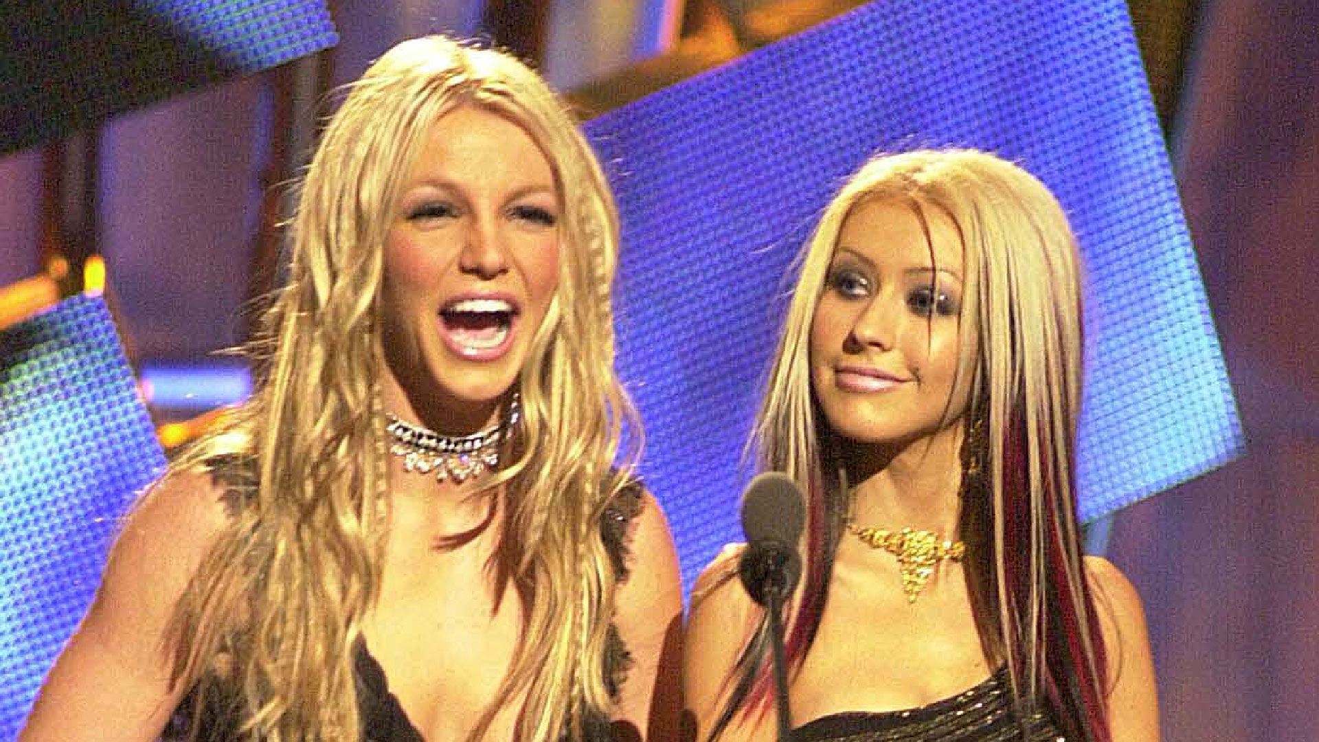 Britney Spears and Christina Aguilera during MTV VMA 2000 Stage at Radio City Music Hall in New York City, New York, United States.