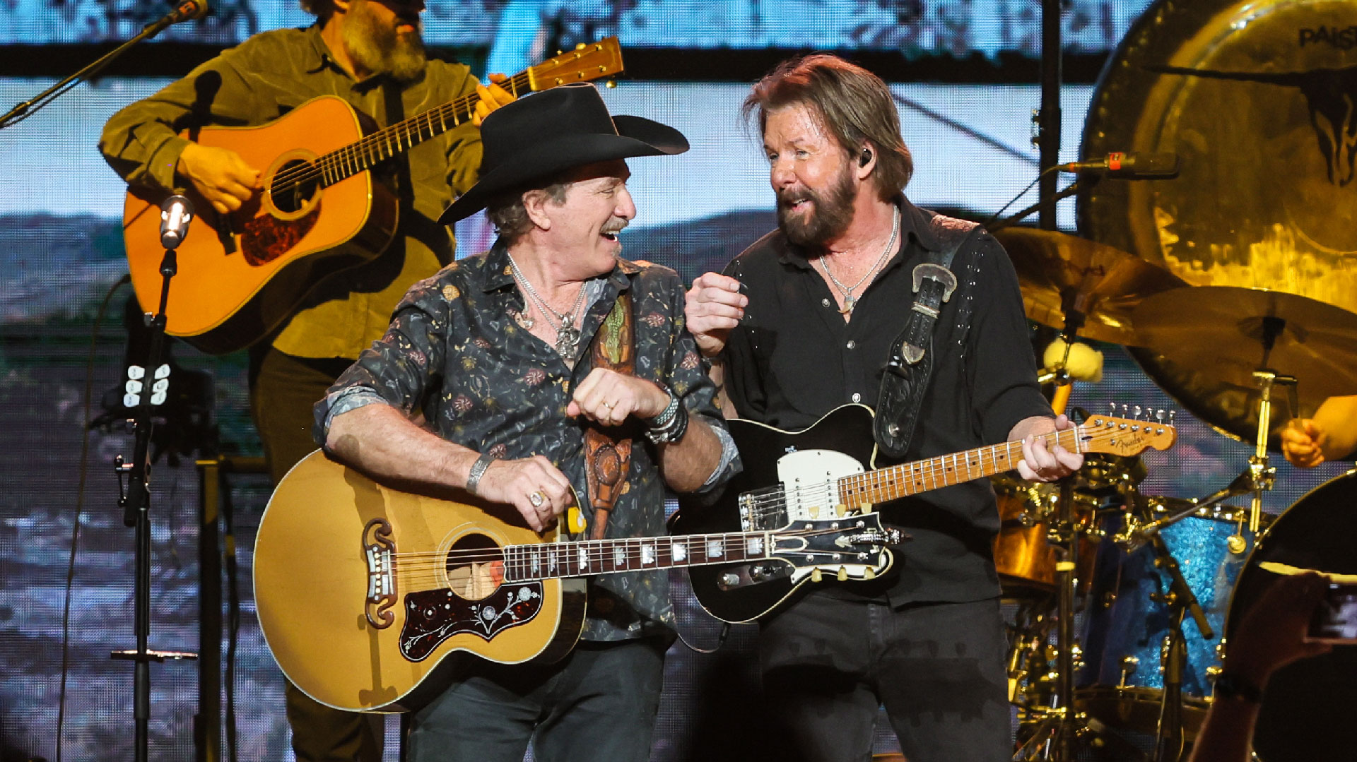 Kix Brooks and Ronnie Dunn of Brooks & Dunn perform during the Reboot 2022 Tour at Bridgestone Arena on June 18, 2022 in Nashville, Tennessee.