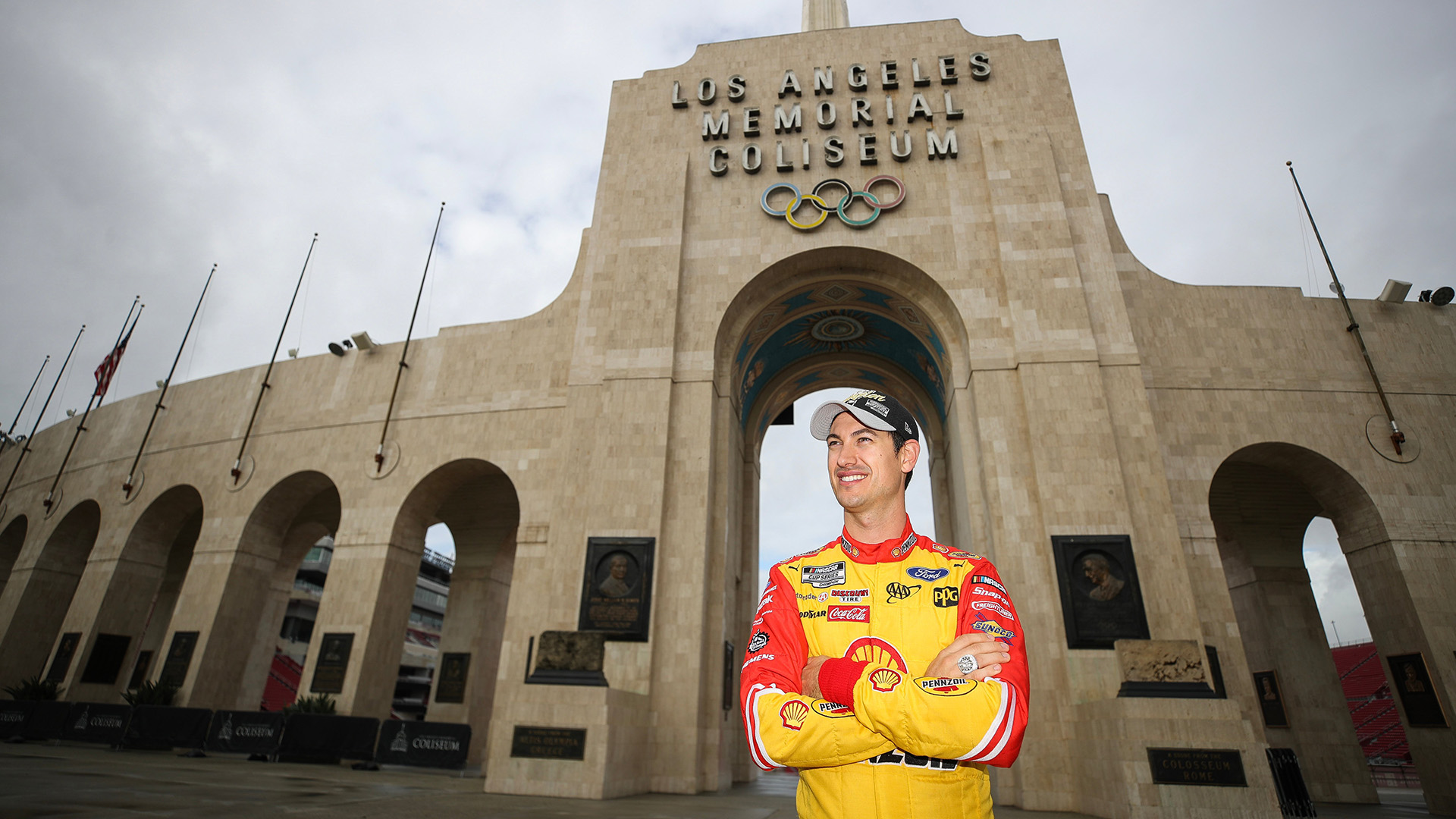 Joey Logano, driver of the #22 Shell Pennzoil Ford, poses at LA Memorial Coliseum on November 08, 2022 in Los Angeles, California.