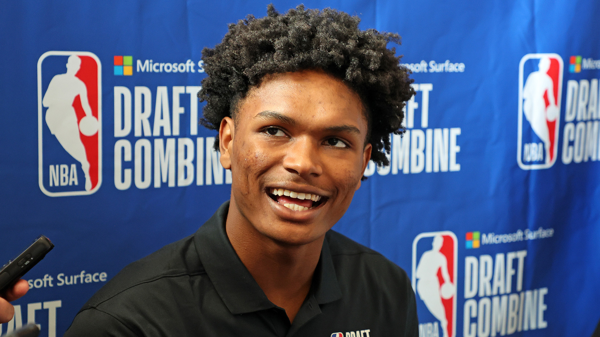 Amen Thompson speaks with the media during the NBA Draft Combine at the Wintrust Arena on May 17, 2023 in Chicago, Illinois.