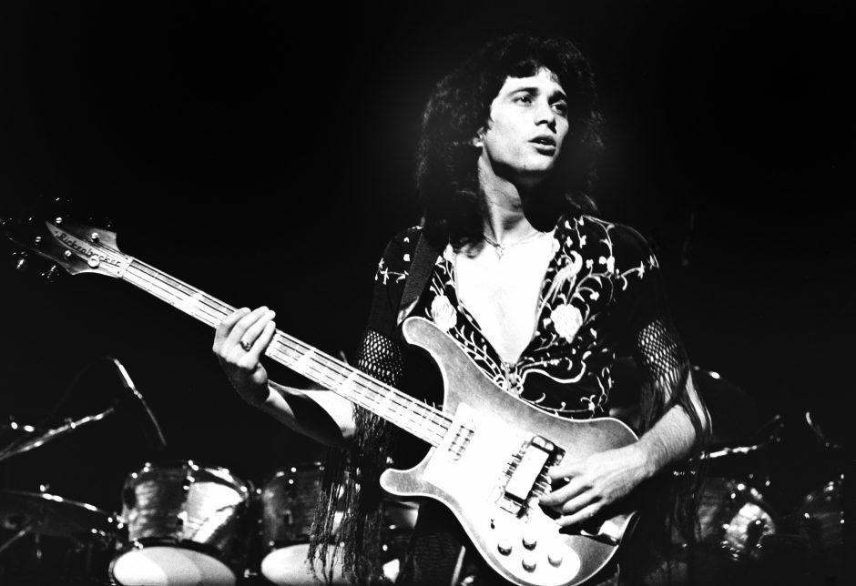 Ed Gagliardi of Foreigner performs on stage at their first UK gig at the Rainbow Theatre, London, England, on April 24th 1978. Although right-handed he is playing a left-handed Rickenbacker 4001LH bass guitar. (Photo by Gus Stewart/Redferns)