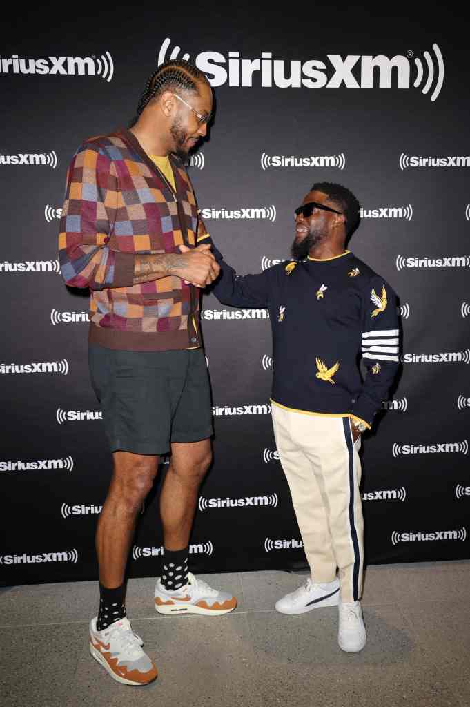 MIAMI BEACH, FLORIDA - SEPTEMBER 13: Carmelo Anthony and Kevin Hart are seen prior to the live taping of SiriusXM's 