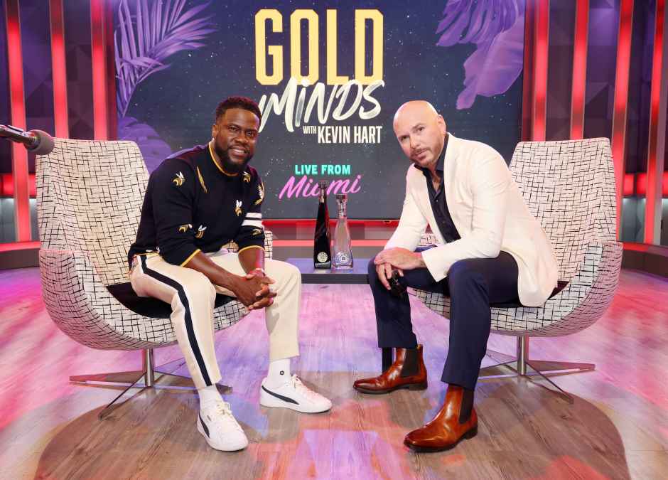 MIAMI BEACH, FLORIDA - SEPTEMBER 13: Kevin Hart and Pitbull are seen during the live taping of SiriusXM's "Gold Minds With Kevin Hart" at the SirusXM Miami studio on September 13, 2023 in Miami Beach, Florida. (Photo by Alexander Tamargo/Getty Images for SiriusXM)