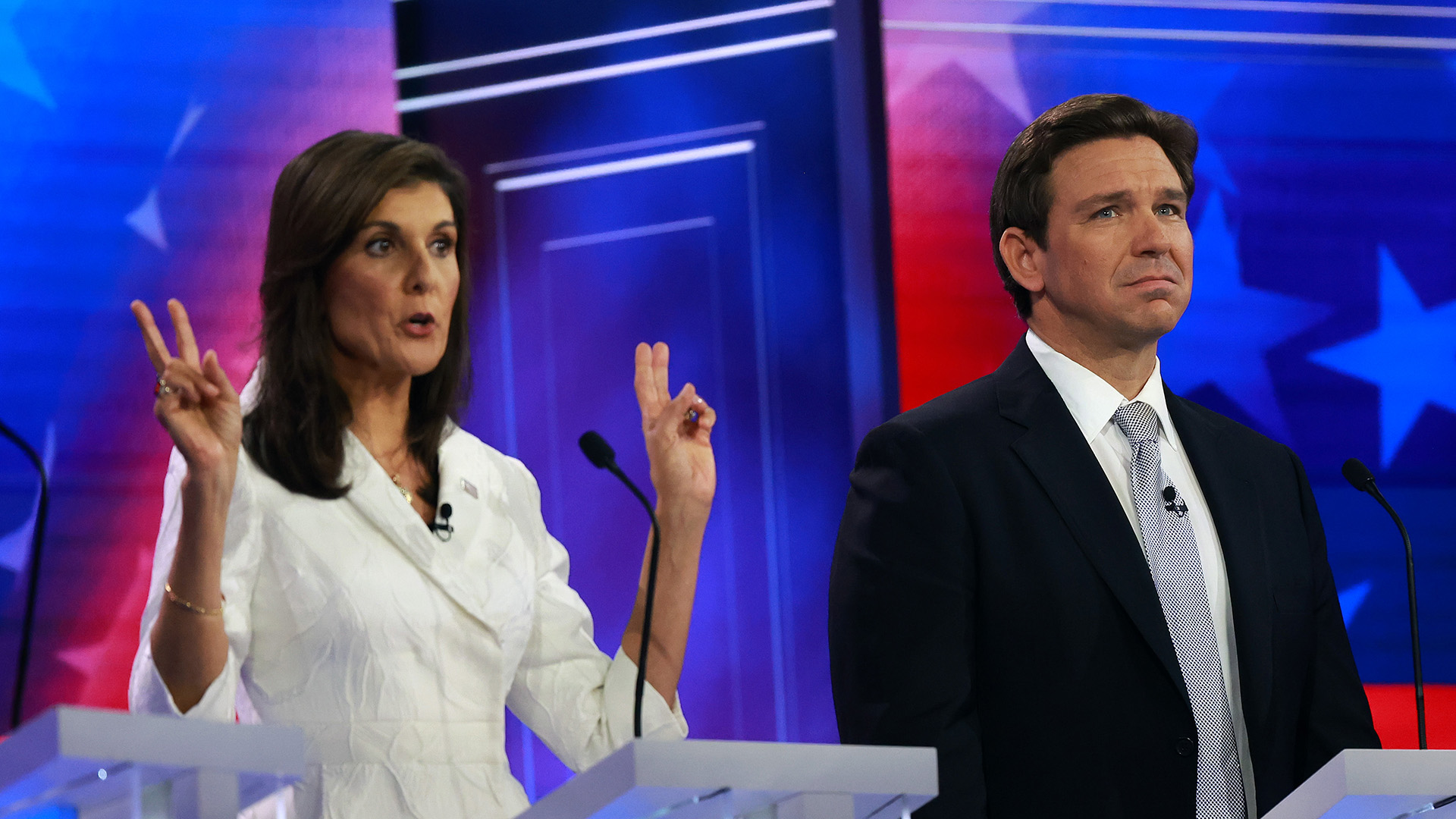 MIAMI, FLORIDA - NOVEMBER 08: Republican presidential candidate former U.N. Ambassador Nikki Haley speaks alongside Florida Gov. Ron DeSantis during the NBC News Republican Presidential Primary Debate at the Adrienne Arsht Center for the Performing Arts of Miami-Dade County on November 8, 2023 in Miami, Florida. Five presidential hopefuls squared off in the third Republican primary debate as former U.S. President Donald Trump, currently facing indictments in four locations, declined again to participate. (Photo by Joe Raedle/Getty Images)