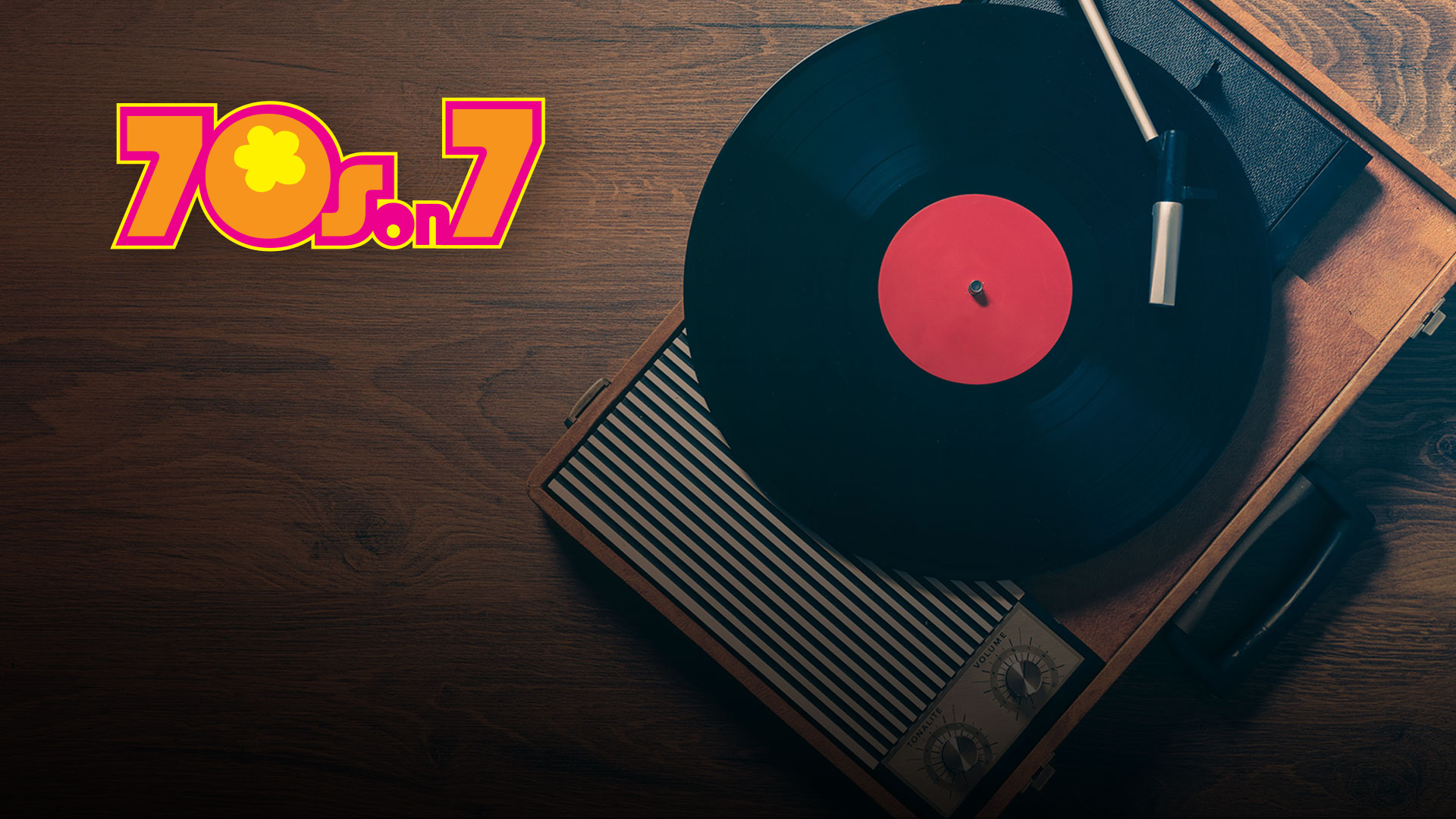 SiriusXM 70s on 7 logo on a photo of a 45 record