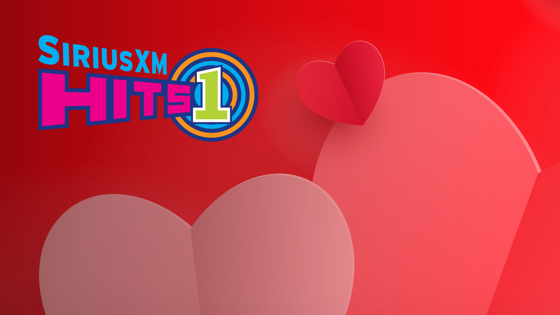 SiriusXM Hits 1 logo on a background of Valentine's Day heart cut outs