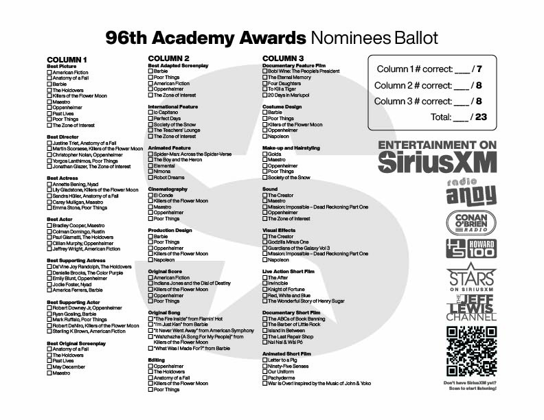 Printable Oscars 2024 Ballot Download Now SiriusXM