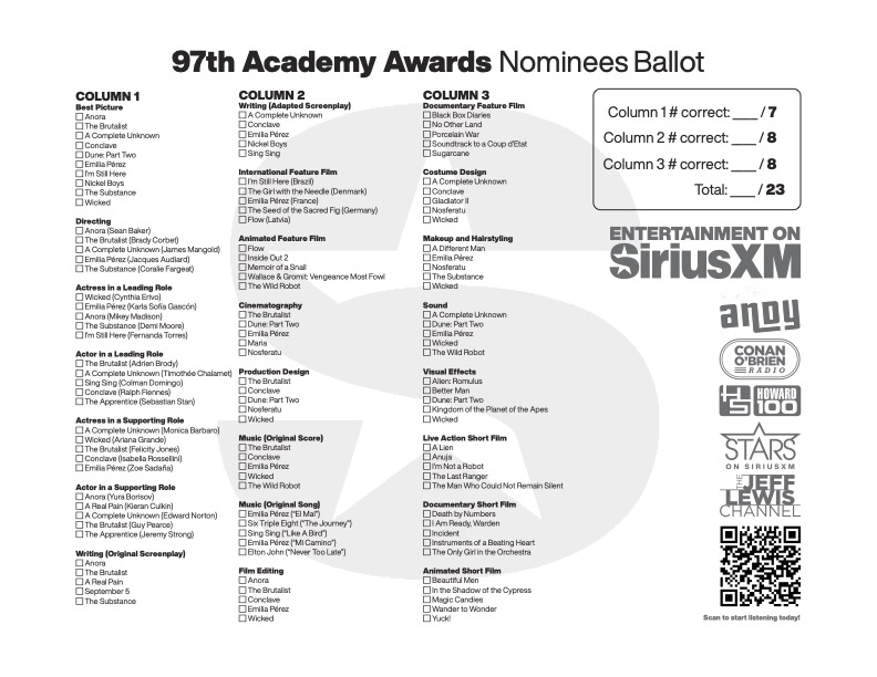 Printable Oscars 2025 Ballot Download - Siriusxm Oscars Ballot 2025 