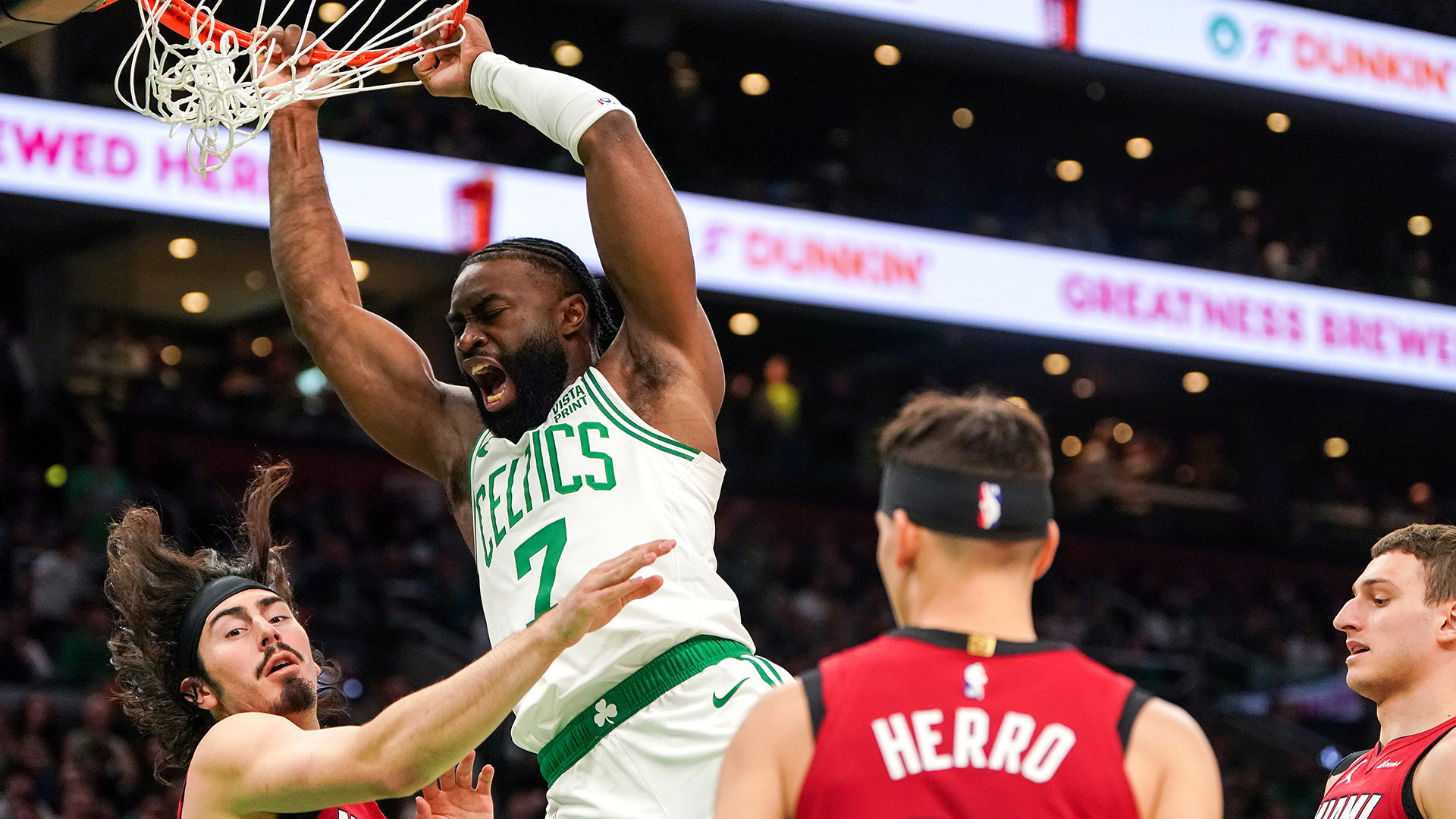 Boston, MA - April 21: Boston Celtics guard Jaylen Brown lets out a howl after flushing down a dunk during the first quarter. (Photo by Barry Chin/The Boston Globe via Getty Images)
