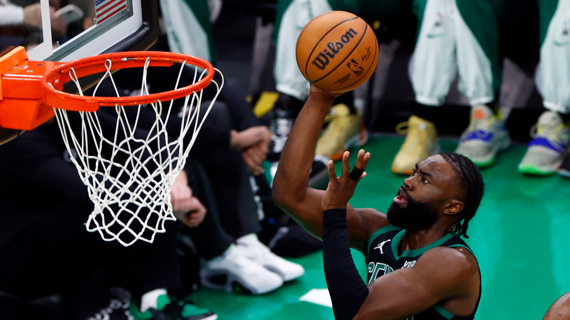 Boston, MA - May 1: Boston Celtics guard Jaylen Brown drives to the basket in the first quarter. (Photo by Danielle Parhizkaran/The Boston Globe via Getty Images)
