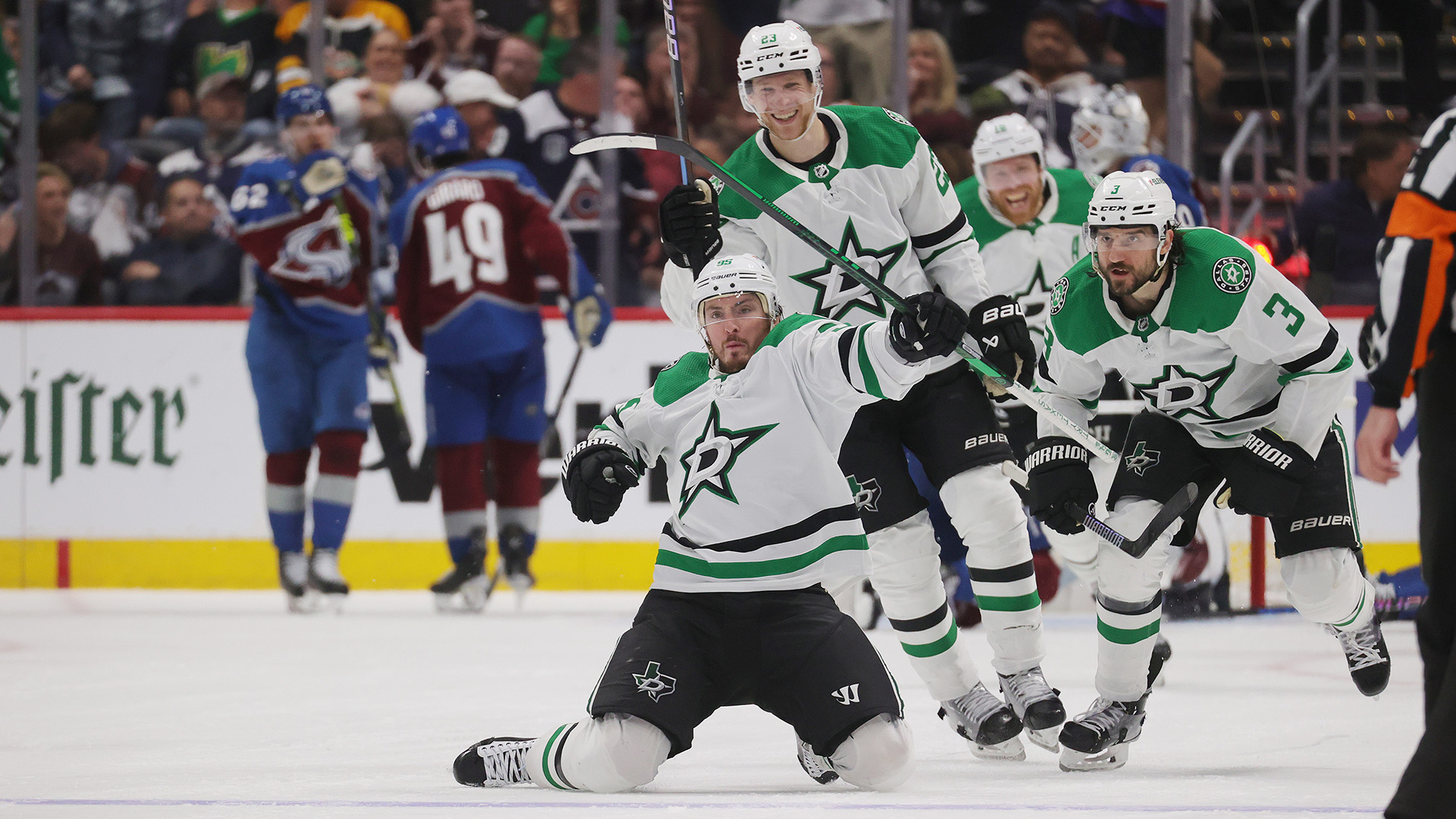 DENVER, COLORADO - MAY 17: Matt Duchene #95 of the Dallas Stars and teammates Esa Lindell #23 and Chris Tanev #3 celebrate Duchene's game-winning goal in double overtime against the Colorado Avalanche in Game Six of the Second Round of the 2024 Stanley Cup Playoffs at Ball Arena on May 17, 2024 in Denver, Colorado. (Photo by Michael Martin/NHLI via Getty Images)