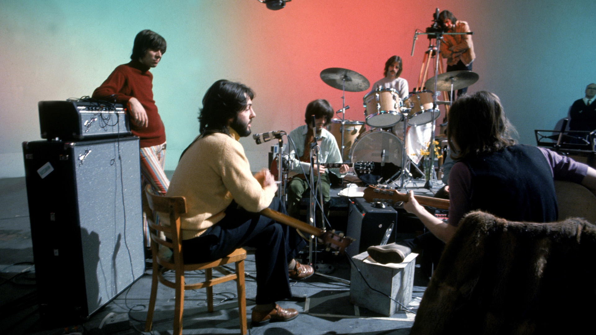 The Beatles during the filming of Let It Be in Twickenham Film Studios, 7th January 1969.