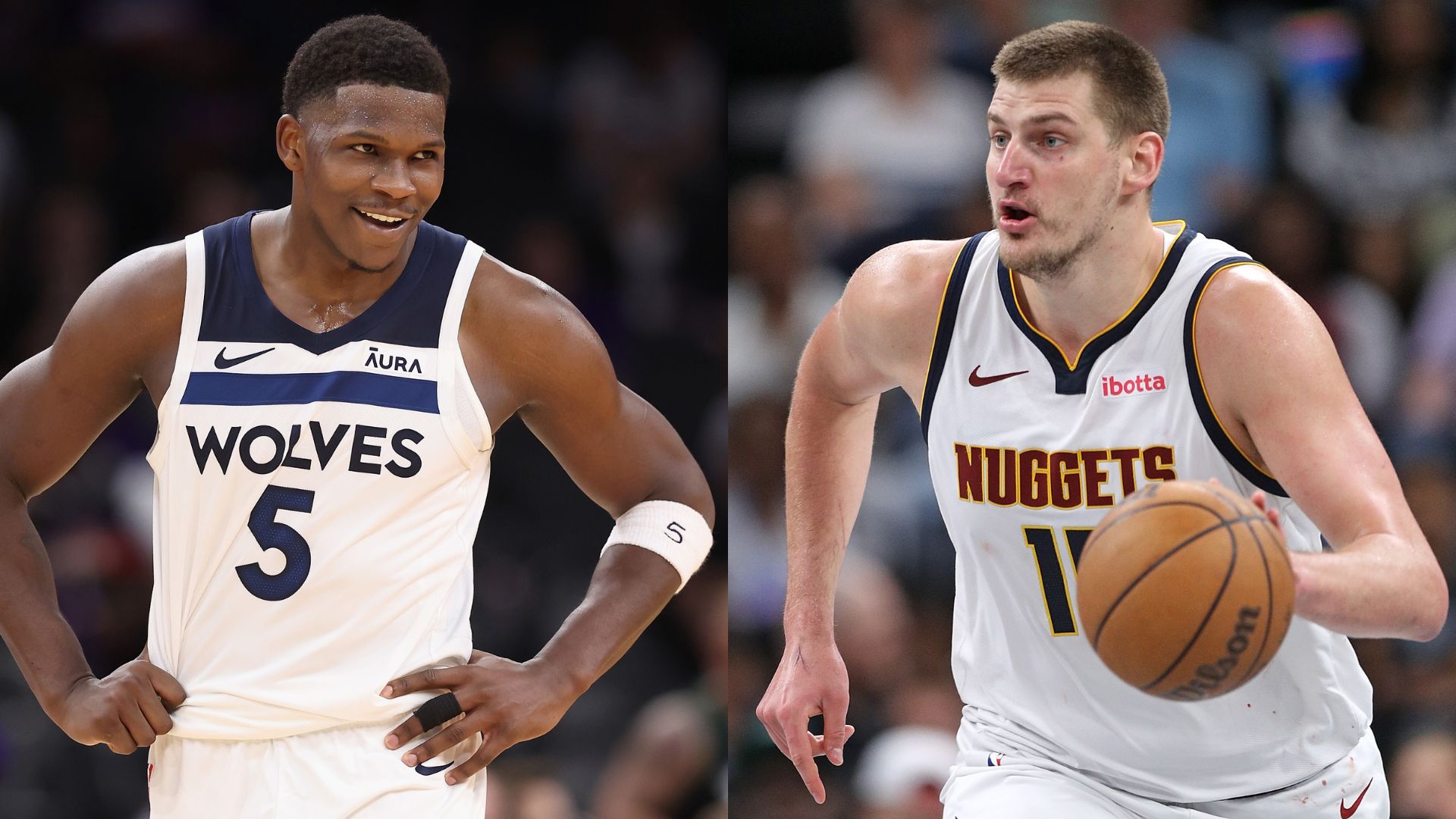 PHOENIX, ARIZONA - APRIL 26: Anthony Edwards #5 of the Minnesota Timberwolves by Christian Petersen/Getty Images | MEMPHIS, TENNESSEE - APRIL 14: Nikola Jokic #15 of the Denver Nuggets by Justin Ford/Getty Images