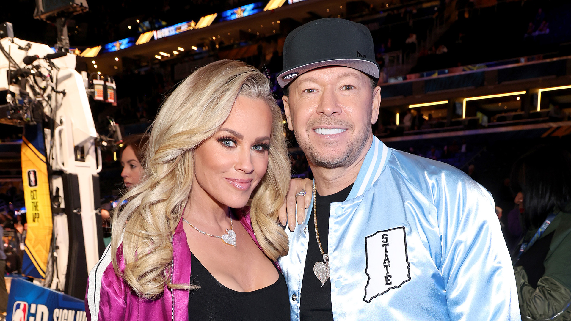 INDIANAPOLIS, INDIANA - FEBRUARY 18: (L-R)Jenny McCarthy and Donnie Wahlberg attend the 73rd NBA All-Star Game at Gainbridge Fieldhouse on February 18, 2024 in Indianapolis, Indiana. (Photo by Kevin Mazur/Getty Images)