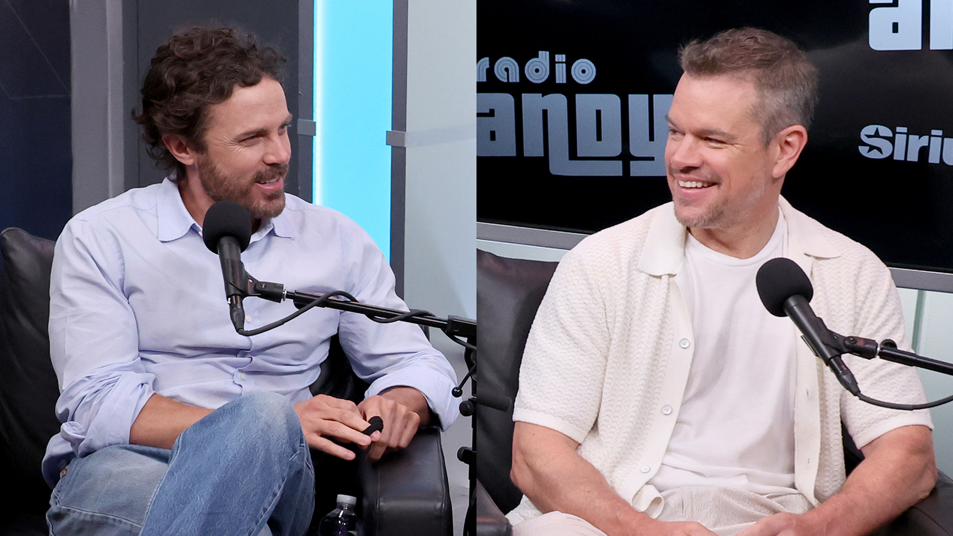 NEW YORK, NEW YORK - JULY 31: (L-R) Casey Affleck and Matt Damon, cast of "The Instigators", attend SiriusXM's Town Hall hosted by Andy Cohen at SiriusXM Studios on July 31, 2024 in New York City. (Photo by Cindy Ord/Getty Images for SiriusXM)