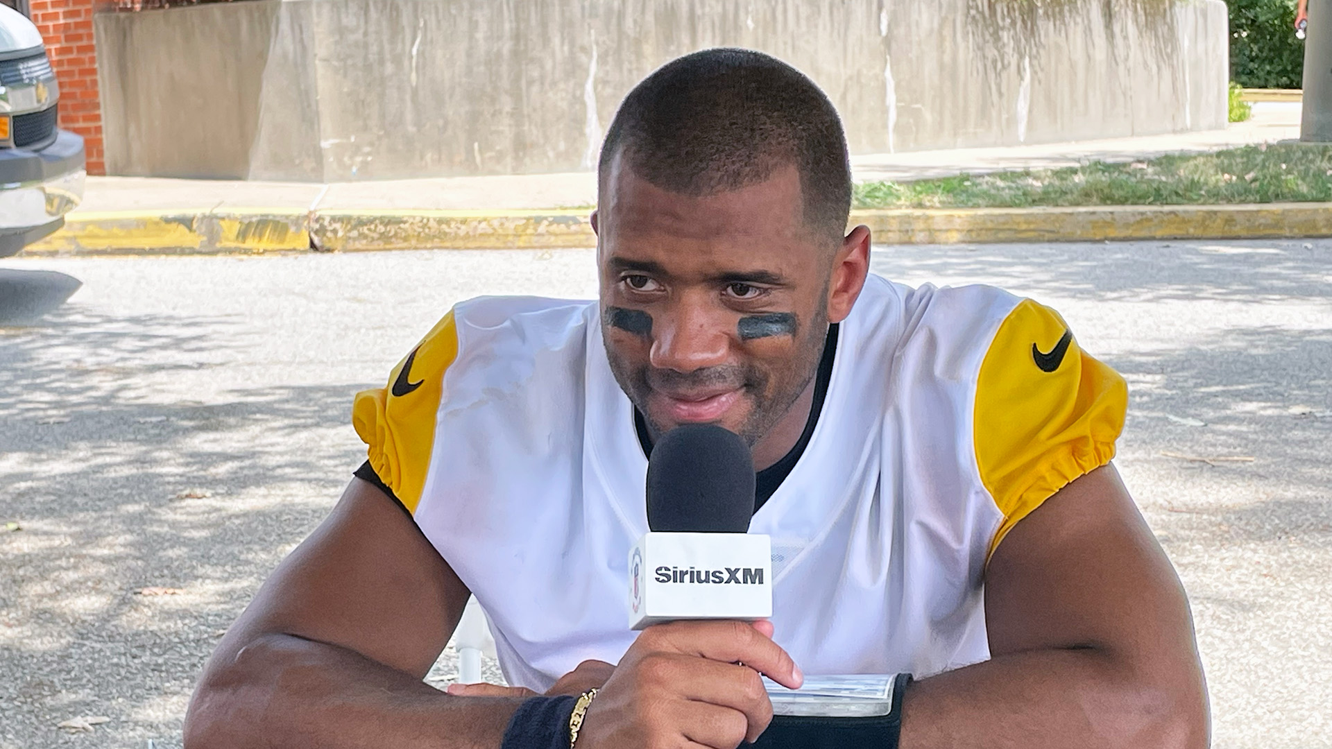 Russell Wilson speaks with SiriusXM NFL Radio during Pittsburgh Steelers training camp 2024