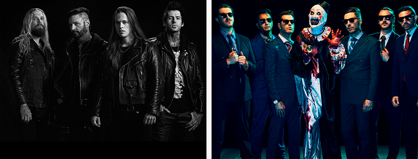 Composite image of the hard rock band Flat Black and Ice Nine Kills, who will appear at the first-ever Headbangers Happy Hour for SiriusXM Octane.