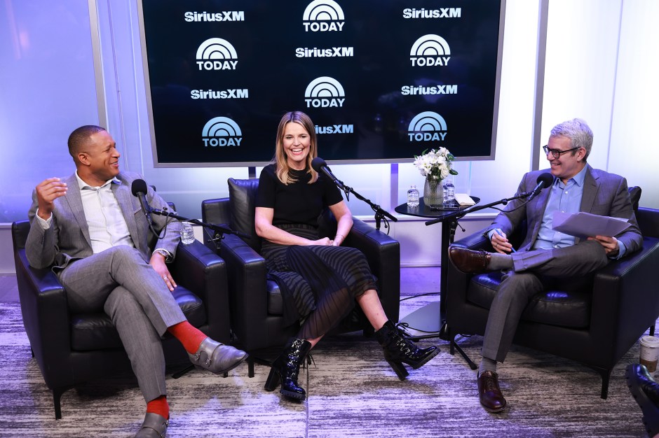 Andy Cohen (right) hosts a SiriusXM Town Hall with "TODAY Show" co-anchors Craig Melvin (left) and Savannah Guthrie (center) at the SiriusXM Studios in New York City