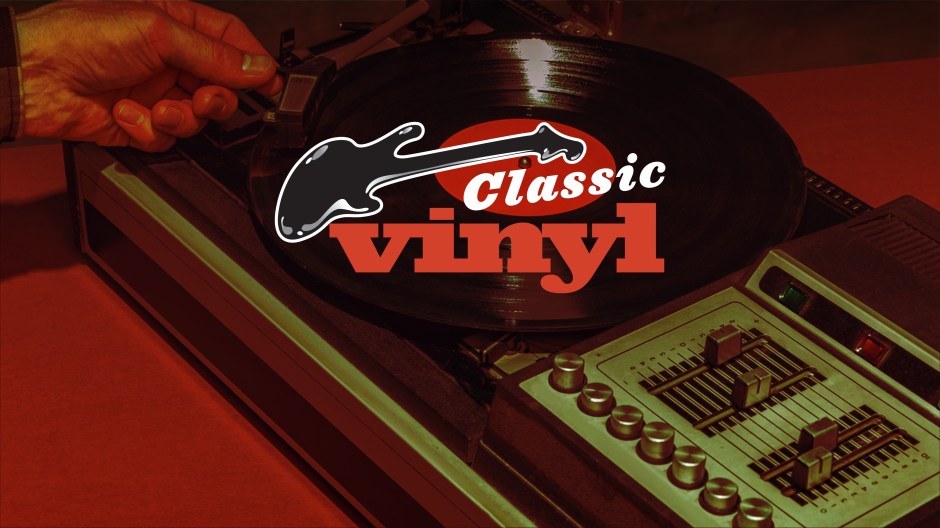 SiriusXM's Classic Vinyl channel logo on a photo of a turntable