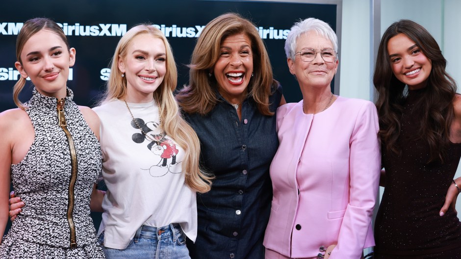 Julia Butters, Lindsay Lohan, Hoda Kotb, Jamie Lee Curtis, and Sophia Hammons in the SiriusXM studios for the "Freakier Friday" Town Hall