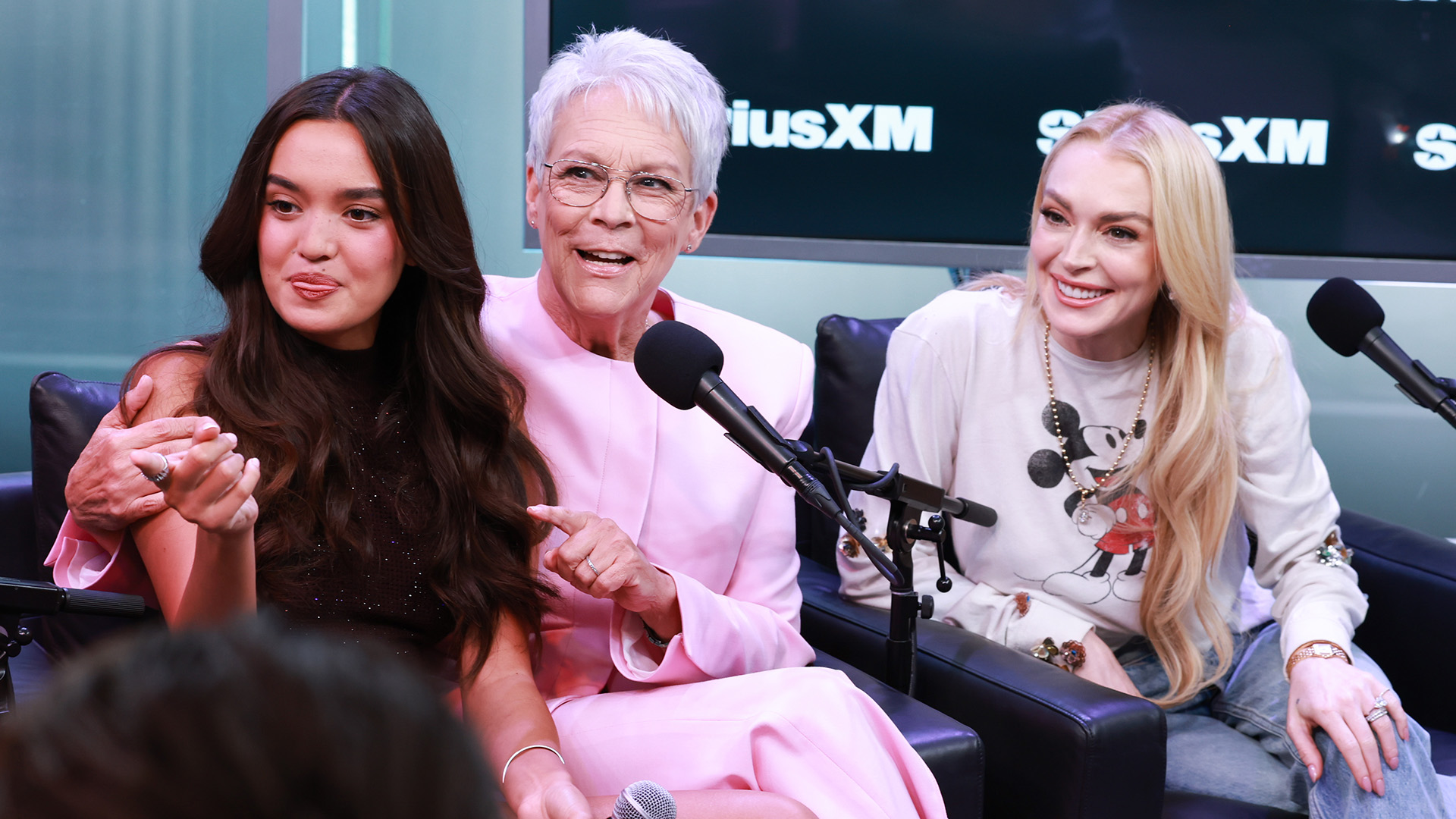 Sophia Hammons, Jamie Lee Curtis, and Lindsay Lohan in the SiriusXM studios for the "Freakier Friday" Town Hall