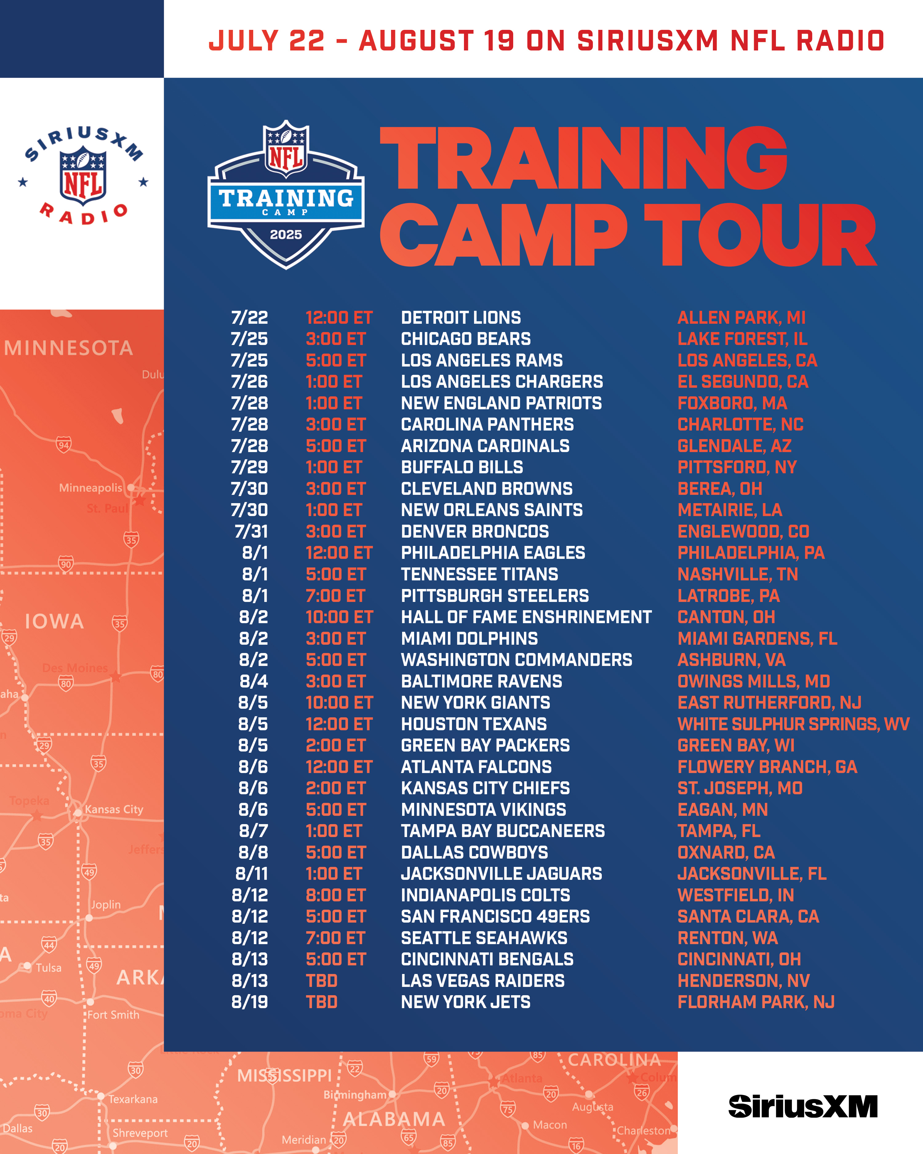 SiriusXM NFL Radio 2025 NFL Training Camp Tour Schedule