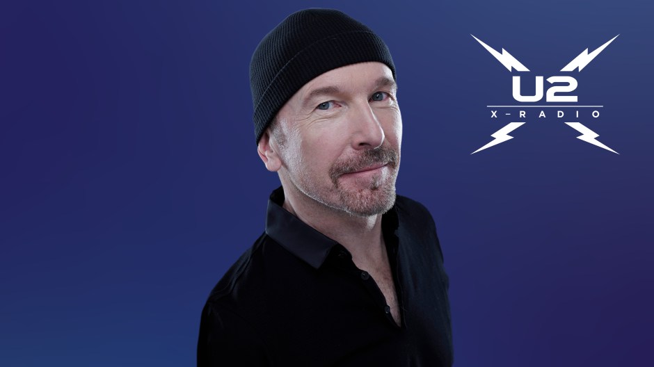 SiriusXM U2 X-Radio logo on a photo of The Edge