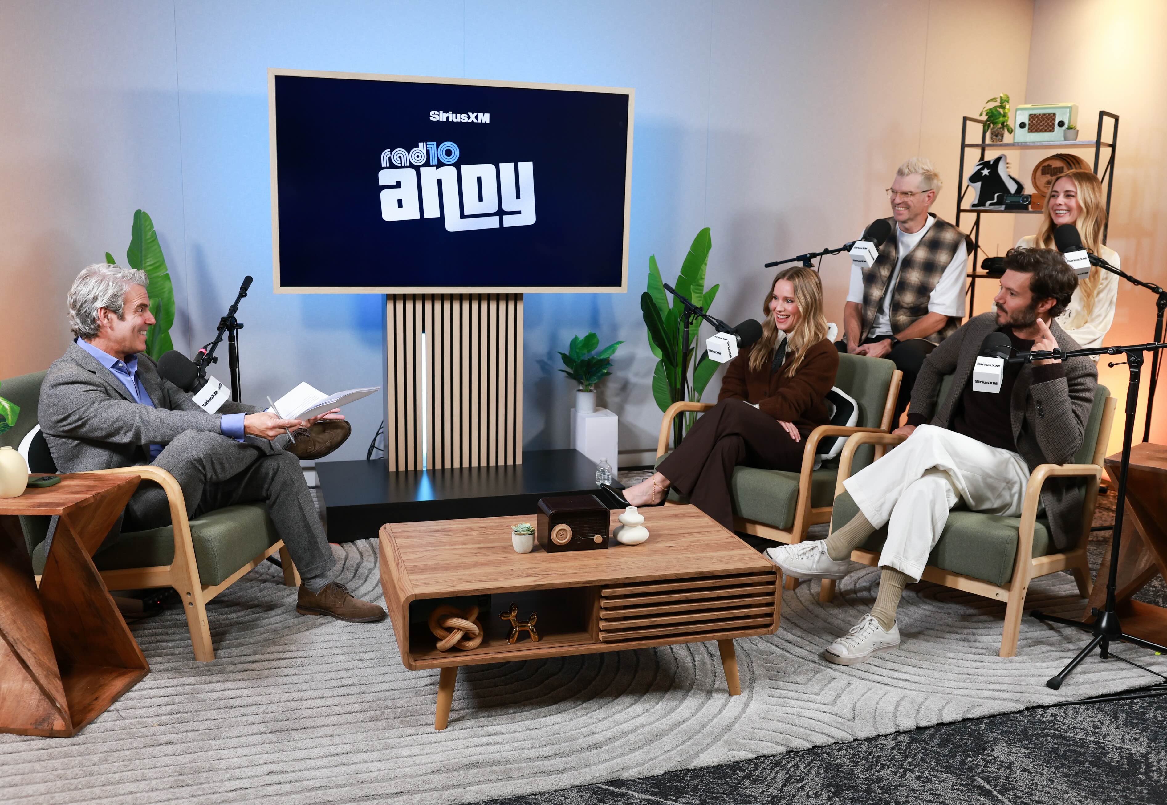 Adam Brody, Kristen Bell, Justine Lupe, Timothy Simons, and Andy Cohen in the SiriusXM studios for a Town Hall ahead of the "Nobody Wants This" Season 2 premiere